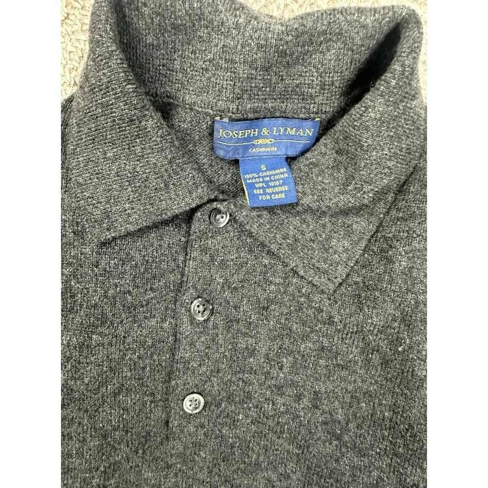 Joseph & Lyman 100% Cashmere Polo Sweater Gray Charcoal Mens Small 3-Button